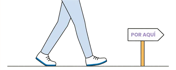 Ilustración de piernas caminando hacia una señal que dice por aquí